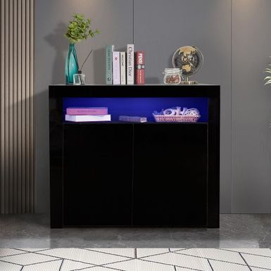 image of Living Room Sideboard Storage Cabinet Black High Gloss with LED Light, Wooden Storage Display Cabinet TV Stand with 2 Doors - Black with sku:mijn1ztdjghzqfcuw4hoaqstd8mu7mbs-mom-ovr