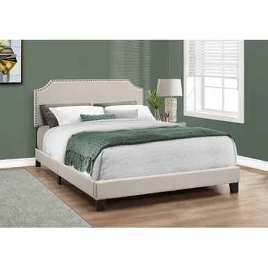 Bed/ Queen Size/ Platform/ Bedroom/ Frame/ Upholstered/ Linen Look/ Wood Legs/ Beige/ Black/ Transitional