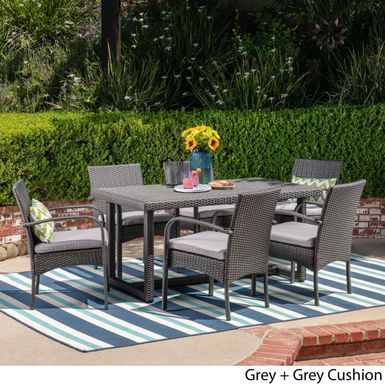 image of Harlowe Outdoor 7 Piece Wicker Dining Set with Cushions by Christopher Knight Home - grey + grey cushion with sku:mh-bqtu3yo_qpysudj3nbwstd8mu7mbs-chr-ovr