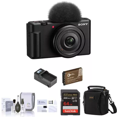 image of Sony ZV-1F Vlogging Camera, Black Bundle with 64GB SD Card, Shoulder Bag, Extra Battery, Charger, Screen Protector, Cleaning Kit with sku:isozv1fbek-adorama