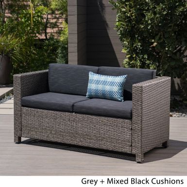 image of Puerta Outdoor Wicker Loveseat with Cushion by Christopher Knight Home - grey/mixed black cushion with sku:agjelgre8sag-vp_ivyixastd8mu7mbs-chr-ovr