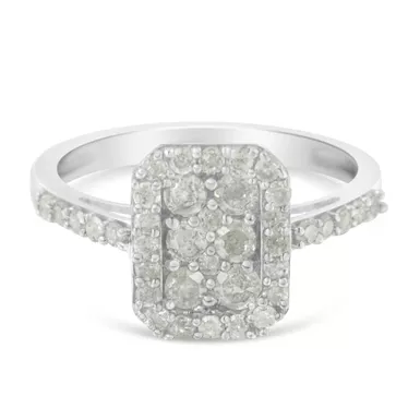 image of Sterling Silver 1ct. TDW Rose-Cut Diamond Emerald Frame Ring (I-J, I3) Choice of size with sku:015872r750-luxcom