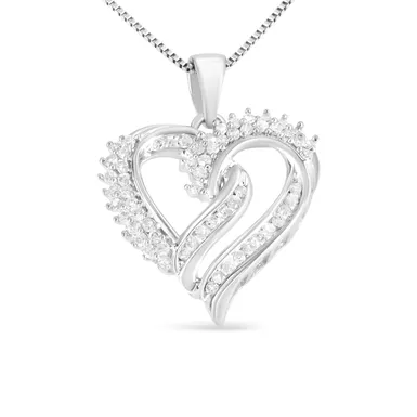 image of .925 Sterling Silver 1/2 Cttw Diamond Double Row Openwork Heart Pendant 18" Necklace (I-J Color, I3 Clarity) with sku:80-8675wdm-luxcom