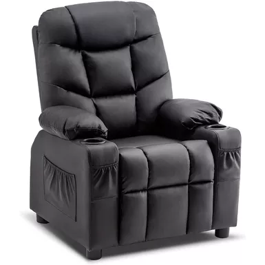 image of Mcombo Big Kids Recliner Chair with Cup Holders for Boys and Girls Room, 2 Side Pockets, 3+ Age Group, Faux Leather 7366 - Black with sku:svdbyoatx-m2ak0ifmof3gstd8mu7mbs-overstock