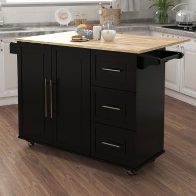 image of Nestfair Lomas Kitchen Island with Spice Rack Towel Rack and Extensible Solid Wood Table Top - Black with sku:fx1etlhwa5bfo2dwrrwoywstd8mu7mbs-overstock