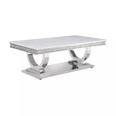 ACME Zander Coffee Table, White Engineering Marble & Mirrored Silver Finish