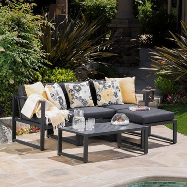 image of Navan Outdoor 5-piece Aluminum Sofa Set with Water Resistant Cushions by Christopher Knight Home - Black with sku:xnlh82ridef32jzb14yurwstd8mu7mbs-chr-ovr