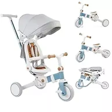 image of Babevy Baby Tricycle, 7-in-1 Folding Kids Tricycle with Adjustable Parent Handle, Safety Harness & Wheel Brakes, Removable Canopy, Ultra-Light Vehicle, Push Bike Gift for Toddlers for 1-6 Yearswhite with sku:b0d6lsv8mj-amazon