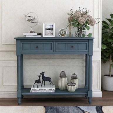 image of Daisy Series Console Table Traditional Design with Two Drawers and Bottom Shelf Acacia Mangium - Navy with sku:lwfamkicxpkigffwrjaxqgstd8mu7mbs-overstock