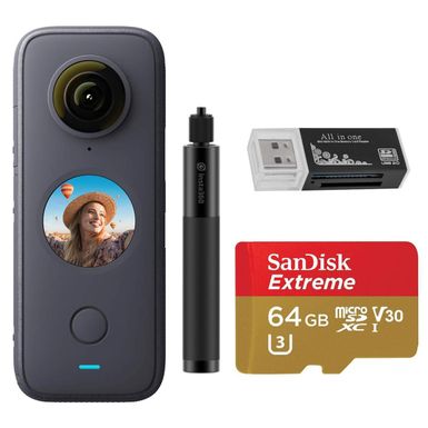 image of Insta360 ONE X2 360 Degree Waterproof Action Camera Bundle with 64GB microSD Card, Invisible Selfie Stick, Card Reader with sku:ins3601xm2a-adorama