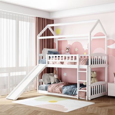 image of Merax House Twin over Twin Bunk Bed with Slide for Kids - White with sku:xgjhvra4sau8xgnr57mueqstd8mu7mbs-overstock
