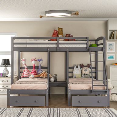 image of Full over Twin & Twin Bunk Bed, Triple Bunk Bed with Drawers - Grey - Twin with sku:9zzjl3f-u0_fjo5dxad7pastd8mu7mbs--ovr