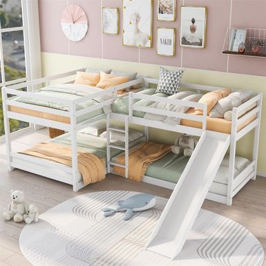 image of Merax Full and Twin Size L-Shaped Bunk Bed with Slide and Short Ladder - White with sku:chz2tlweauw2jmcnq9i8bwstd8mu7mbs--ovr