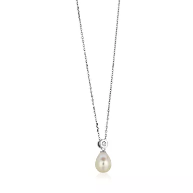 Sterling Silver Necklace with Pear Shaped Pearl and Cubic Zirconias (18 Inch)