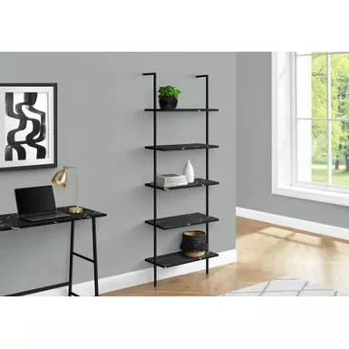 image of Bookshelf/ Bookcase/ Etagere/ Ladder/ 5 Tier/ 72"H/ Office/ Bedroom/ Metal/ Laminate/ Black Marble Look/ Black/ Contemporary/ Modern with sku:i-3684-monarch