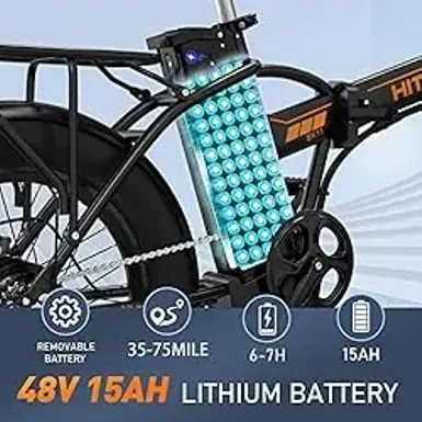 image of HITWAY BK11M Folding All Terrain Electric Bike for Adults, 20 x 4 Inch Fat Tires, 750W Motor, 48V 15Ah Removable Battery, 28-62 Mile Range with 7-Speeds, Black and Orange with sku:b0cnh157pw-amazon