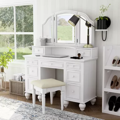 Transitional Wood 3-Piece Bedroom Vanity Set in White