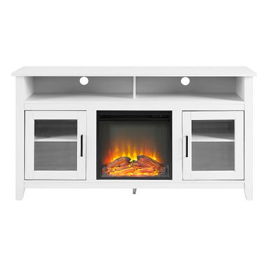 image of Walker Edison - 58" Tall Glass Two Door Soundbar Storage Fireplace TV Stand for Most TVs Up to 65" - Brushed White with sku:bb20023843-5253000-bestbuy-walkeredison