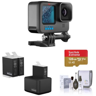image of GoPro HERO11 Black, Bundle with Dual Battery Charger, 3 Extra Rechargeable Li-Ion Batteries, 128GB microSD Memory Card, Cleaning Kit with sku:gphero11g-adorama