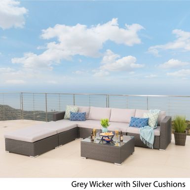 image of Santa Rosa Outdoor 7-piece Wicker Sectional Sofa Set with Cushions by Christopher Knight Home - grey wicker + silver cushion with sku:hwgs-vanllvxjpxhdvw02qstd8mu7mbs-overstock