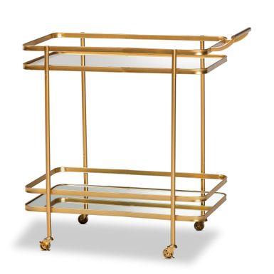 image of Destin Glam Brushed Gold Metal and Mirrored Glass 2-Tier Wine Bar Cart - Bronze with sku:v0g8wfxk4fb--o8_7vmgjgstd8mu7mbs-overstock