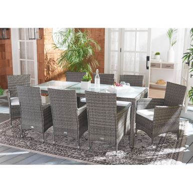 image of SAFAVIEH Outdoor Hailee 9-Piece Wicker Dining Set - Grey Brown/White Cushion with sku:kgjybuwcyntd1cflwko2tastd8mu7mbs-overstock