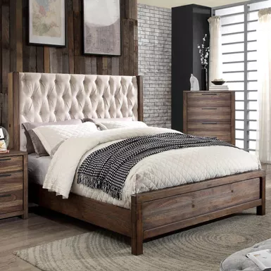 Transitional Tufted California King Bed in Natural Rustic Tone