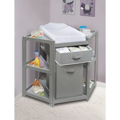 image of Diaper Corner Baby Changing Table with Hamper and Basket - Gray with White Basket/Hamper with sku:5ammm-ynvjp0pgb1i8imtastd8mu7mbs-overstock