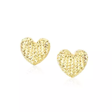 14k Yellow Gold Puffed Heart Earrings with Diamond Cuts