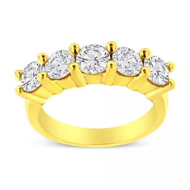 14K Yellow Gold Plated .925 Sterling Silver 2.0 Cttw Shared Prong Set Diamond 5 Stone Wedding Band Ring (J-K Color, I1-I2 Clarity) - Choice of size