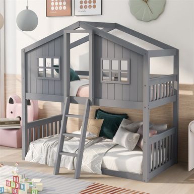 image of Merax Twin over Twin House Bunk Bed with Ladder - Grey with sku:-tbyhgnwbp79g54polh01wstd8mu7mbs--ovr