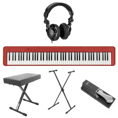 image of Casio CDP-S160 88-Key Compact Digital Piano Keyboard with Touch Response, Red Bundle with H&A Studio Headphones, Stand, Bench, Sustain Pedal with sku:csdps160rda-adorama