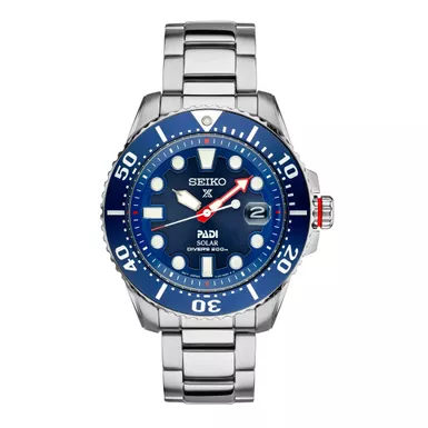 image of Seiko - Mens Prospex PADI Special Edition Solar Diver SS Watch Blue Dial with sku:sne549-powersales