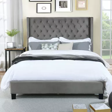 Transitional Flannelette California King Platform Bed in Grey