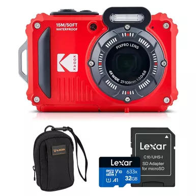 image of KODAK PIXPRO WPZ2 16MP Full HD Waterproof Rugged Digital Camera, Red, Bundle with 32GB Memory Card and Camera Bag with sku:ikkwpz2rdk-adorama