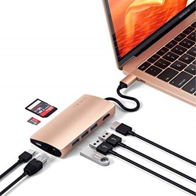 image of Satechi Aluminum Multi-Port Adapter V2-4K HDMI (30Hz), Gigabit Ethernet, USB-C Pass-Through, SD/Micro Card Readers, USB 3.0 - Compatible with 2018 MacBook Air, 2019/2018 MacBook Pro (Gold) with sku:satsttcma2g-adorama