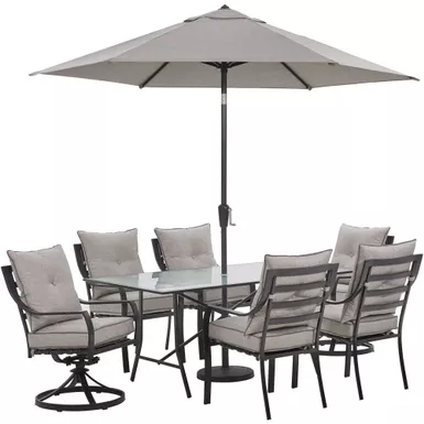 image of Lavallette 7pc: 4 Dining Chairs, 2 Swivel Chairs, Rect. Glass Table, Umbrella & Base with sku:lavdn7pcsw2-slv-su-almo