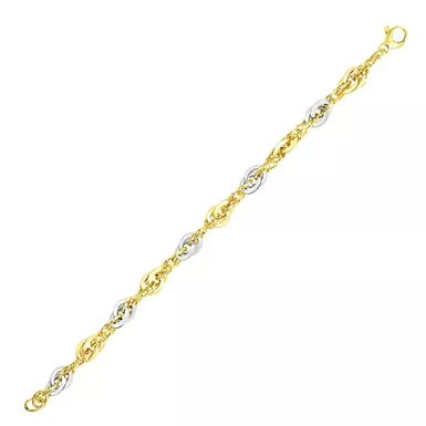 14k Two Tone Gold Interlaced Smooth and Textured Link Bracelet (7.5 Inch)