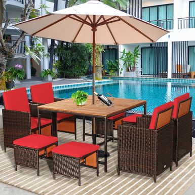 image of Costway 9PCS Patio Rattan Dining Set Cushioned Chairs Ottoman Wood - Brown/Red with sku:_p-dzm2cabnxhxe7c-qqbwstd8mu7mbs-cos-ovr