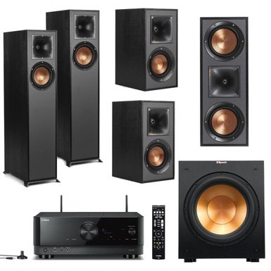 image of Klipsch Reference R-610F 5.1 Home Theater System, Black with Yamaha RX-V4A Receiver with sku:kpr610fo-adorama