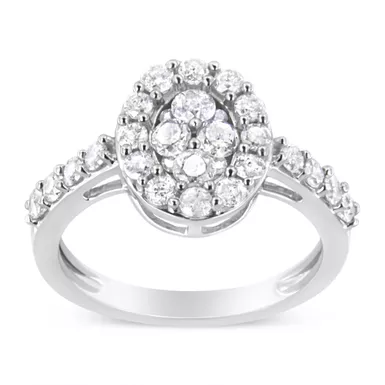 .925 Sterling Silver 1.0 Cttw Brilliant-Cut Diamond Halo-Style Cluster Oval Ring (I-J Color, I3 Clarity) - Choice of size