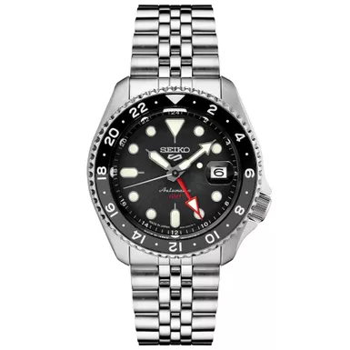 image of Seiko - Mens Seiko 5 Sport SKX GMT Series Silver-Tone Watch Black Dial with sku:ssk001-powersales