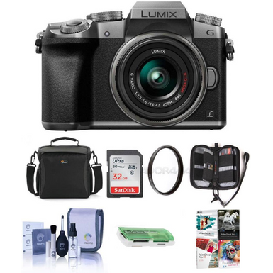 image of Panasonic - Lumix DMC-G7 Mirrorless Micro Four Thirds Camera with 14-42mm Lens - Silver - Bundled With Camera Case, 32GB SDHC Card, Cleaning Kit, Memory Wallet, Card Reader, 46mm UV Filter, and Software Package with sku:ipcdmcg7sa-adorama