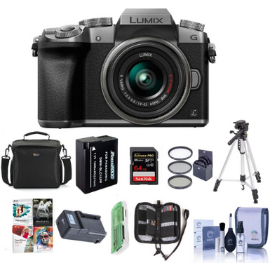image of Panasonic - Lumix DMC-G7 Mirrorless Micro Four Thirds Camera with 14-42mm Lens - Silver - Bundled With Camera Case, 64GB SDXC U3 Card, Spare Battery, Tripod, 46mm Filter Kit, Software Package, and More with sku:ipcdmcg7sb-adorama
