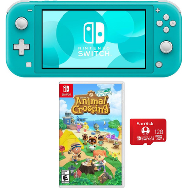 image of Nintendo Switch Lite Console - 32GB - Turquoise - Bundle with 128GB UHS-I microSDXC Card + Animal Crossing: New Horizons with sku:nihdhsbazaak-adorama