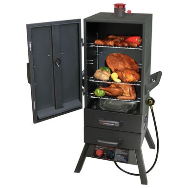 black smoker grill cooking food against a white background