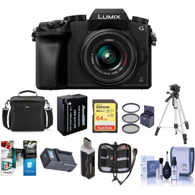 image of Panasonic Lumix DMC-G7 Mirrorless Micro Four Thirds Camera with 14-42mm Lens, Black - Bundle with Camera Case, 64GB SDXC U3 Card, Spare Battery, Tripod, 46mm Filter Kit, Software Package, And More with sku:ipcdmcg7bb-adorama