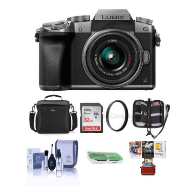 image of Panasonic Lumix DMC-G7 Mirrorless Micro Four Thirds Camera with 14-42mm Lens SILVER - Bundle with Camera Case, 32GB SDHC Card, Cleaning Kit, Memory Wallet, Card Reader, 46mm UV Filter, Mac Software Package with sku:ipcdmcg7sam-adorama
