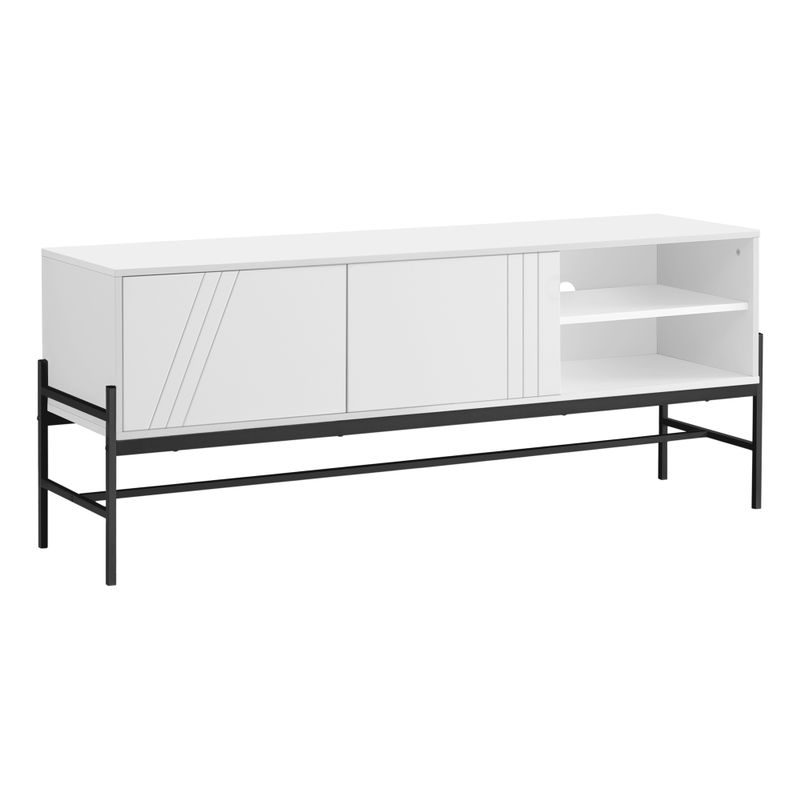 TV Stand - 60"L / White / Black Metal With Storage