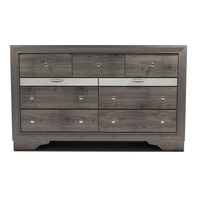 Contemporary 56-inch Wide 9-Drawer Wood Dresser with Silver Accent in Grey